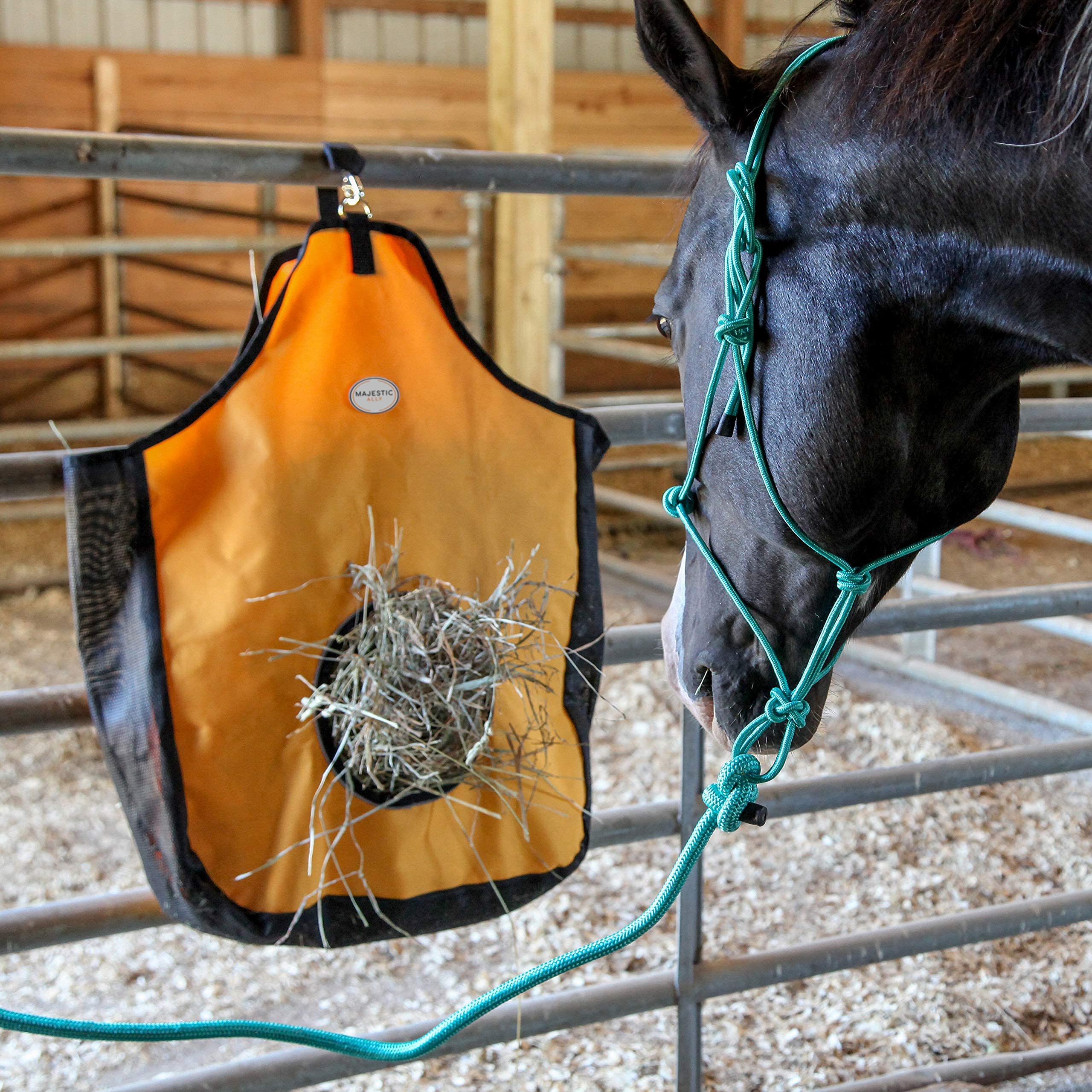 Majestic Ally 1200 D Hay Feeder Tote bag for Horses, Sheep with Reflective Trim- Reduces Waste - comes with 36” Hay Net. (Black) - Image 6