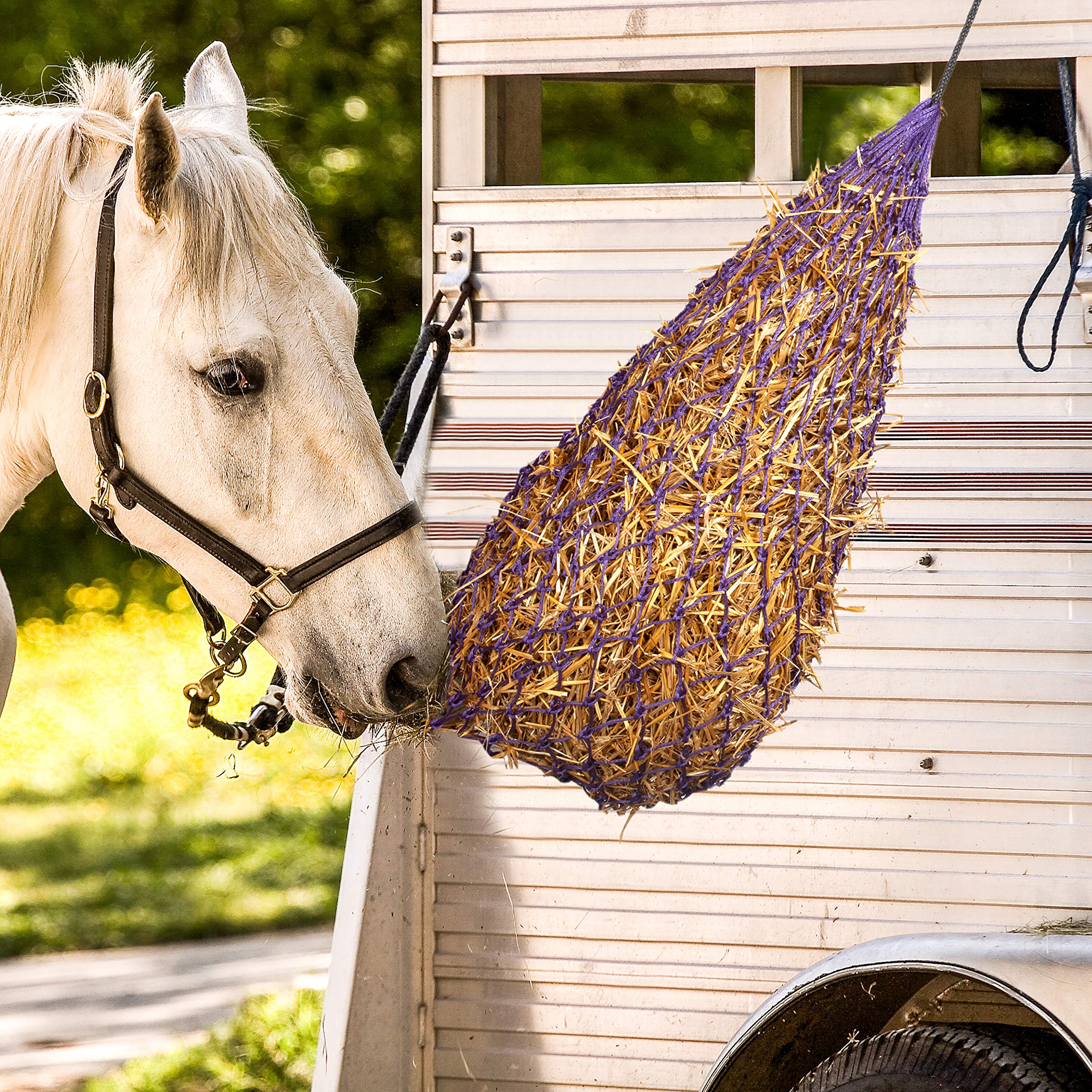 Majestic Ally 2 pcs Slow Feed 42” Hay Net for Horses, Strong Small 2x2” Holes, Nylon Rope Hanging, Adjustable Travel Feeder for Trailer and Stall, Simulates Grazing, Reduce Waste - Image 3