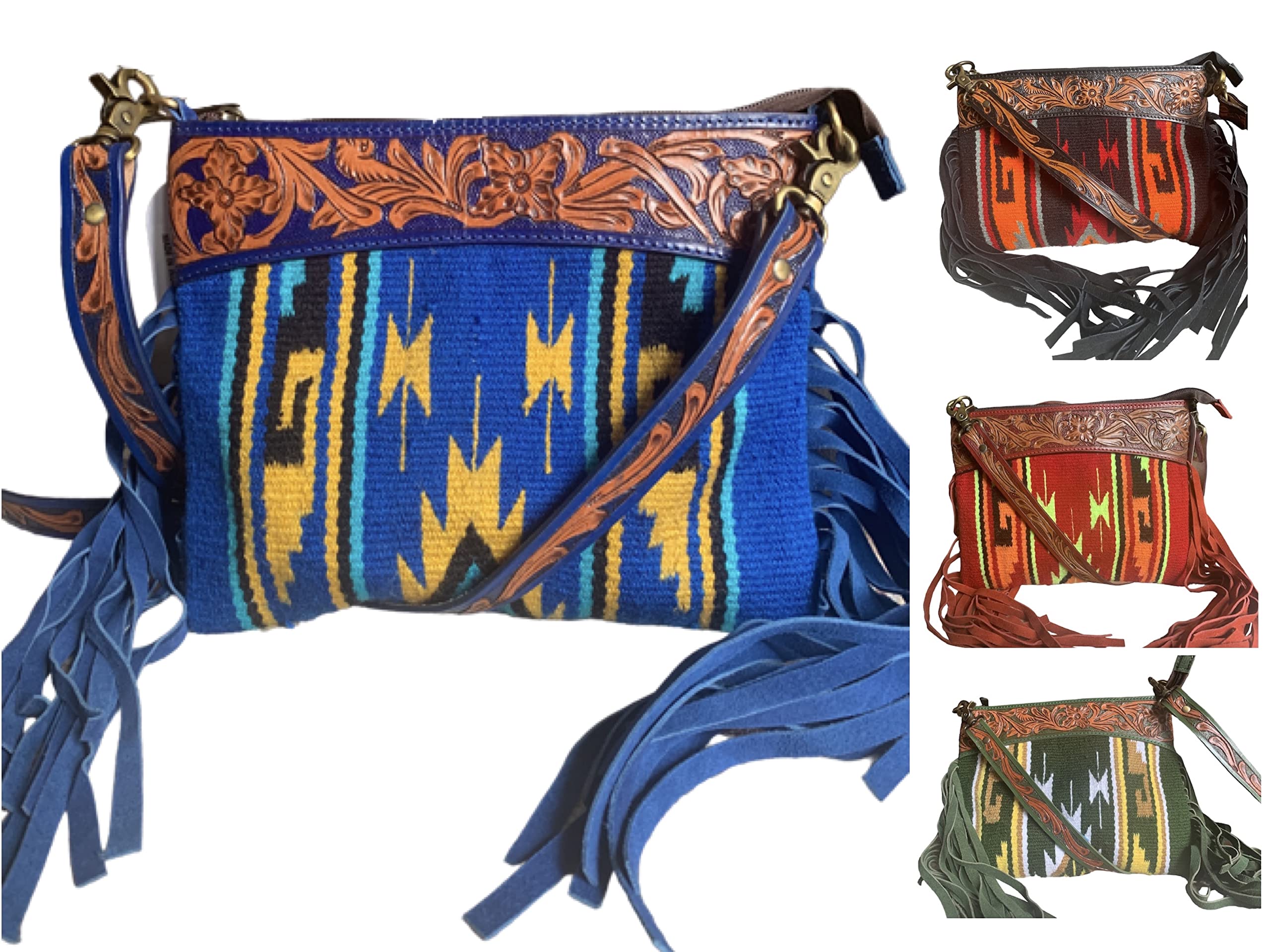 Majestic Ally Hand-Tooled Pure Leather Crossbody Bag, Crafted with Cashmere Wool and Enhanced by Coordinating Leather Fringe - Image 4