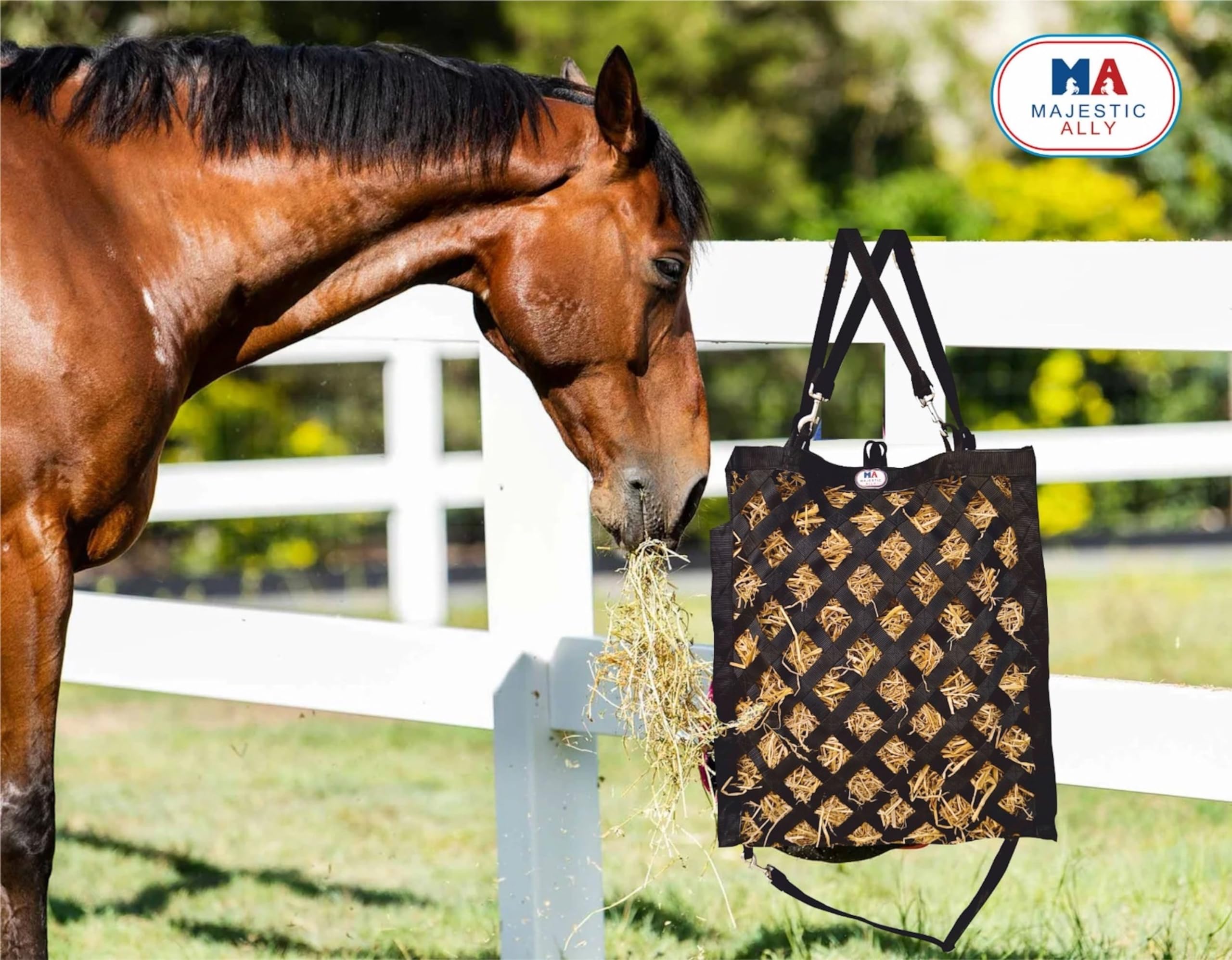 Majestic Ally Premium Nylon Hay Bag for Horses and Livestock, Simulates Grazing, Slow Feeding, Heavy-Duty PP Webbing,Quick-Adjust Straps, Small Hole for Digestion, Multiple Colors (Black) - Image 5
